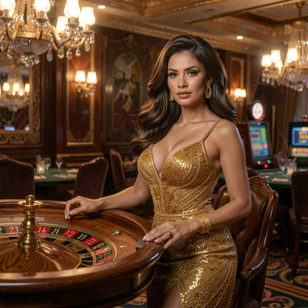 Una mujer glamurosa con un elegante vestido de noche jugando en una máquina tragamonedas brillante con cerezas y campanas en el casino MX FAIR en México Casino MX FAIR – Experimenta la ruleta de lujo y el juego de casino premium en México